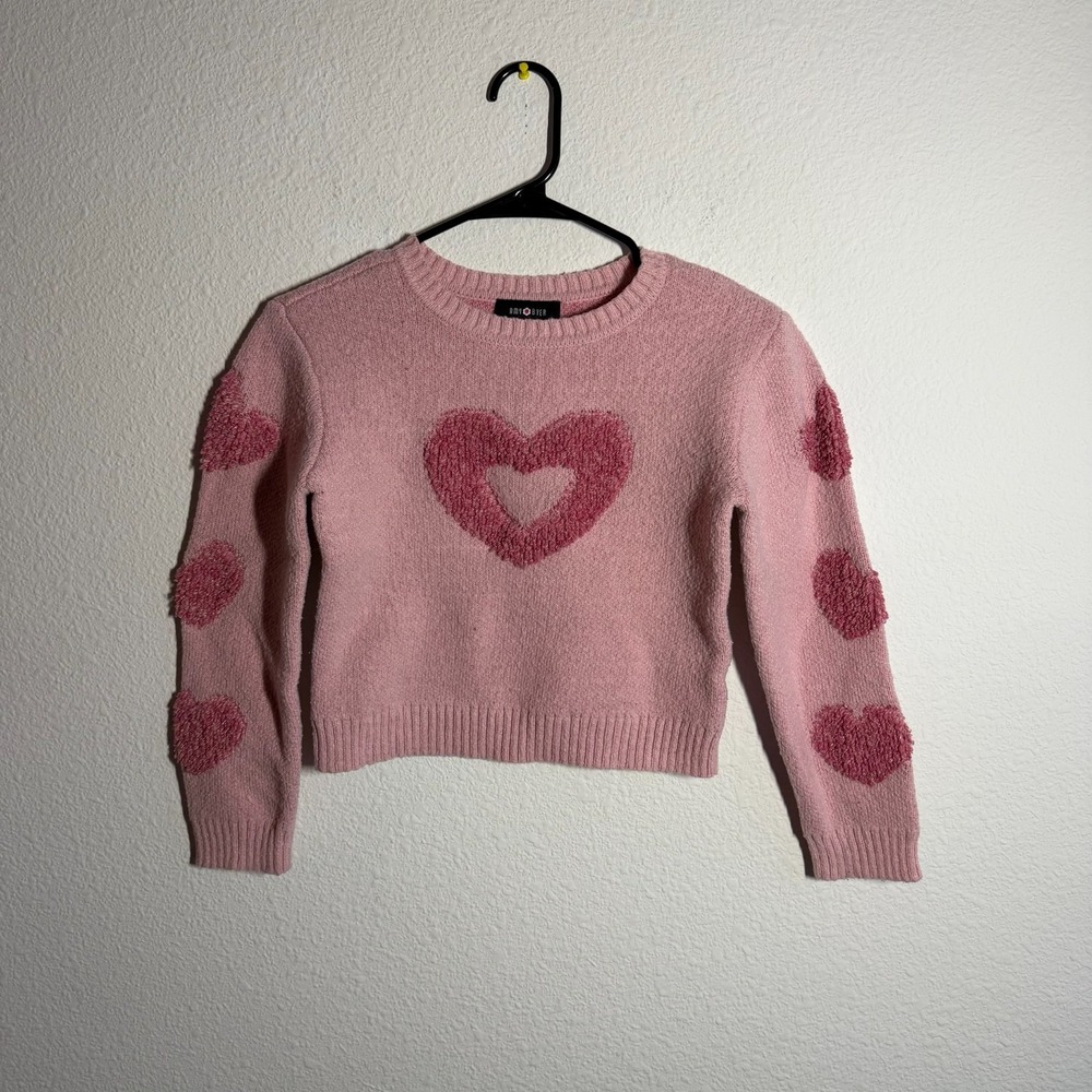 Amy Byer Cropped Sweater Girls 10 Pink Chenille Sherpa Heart‎ Tight Knit Ribbed